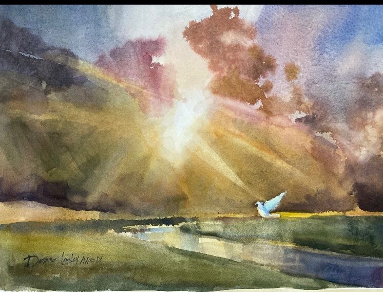 Painting titled Going Home featuring white doves